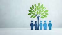 Group of blue figures standing under green tree symbol on light background, representing community growth, environmental sustainability and social development.