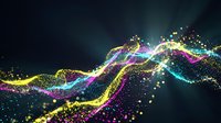 Glowing neon wave of particles flowing across dark background, featuring vibrant yellow, purple, and cyan colors. Suitable for tech, music, and digital design projects.
