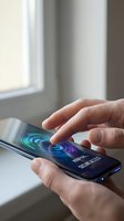 Hand touching smartphone screen with colorful digital interface displaying biometric security scan technology for mobile authentication and data protection.