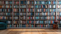 Large floor-to-ceiling library bookshelf with multicolored books collection, wooden floor, teal armchair and small side table with flowers in cozy reading room.