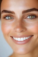 Close-up portrait showing bright smile with white teeth, natural makeup, well-groomed eyebrows and striking green eyes against light background.
