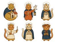 Anthropomorphic cats wearing royal crowns and religious vestments including robes, cloaks and ceremonial garments, isolated on white background for clipart and design use.
