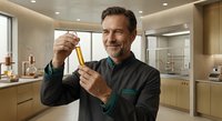 Middle-aged Caucasian man in dark green shirt examining yellow liquid in test tube in modern laboratory kitchen setting for scientific research analysis.