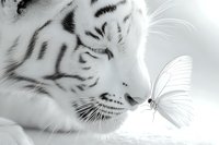 White tiger face in close up view with delicate butterfly landing on nose, monochromatic artistic nature photography showing gentle interaction between predator and prey.