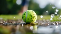 Wet tennis ball on court surface after rain with water droplets and bokeh effect in background, sports equipment in natural light.