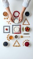 Hands arranging colorful superfoods in geometric patterns with yogurt, berries, nuts and seeds on white background for healthy eating and nutrition concepts.