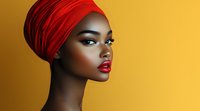 Young African woman wearing bright red headwrap and lipstick poses confidently against golden background, showcasing striking profile and flawless makeup for beauty and fashion.
