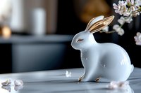 White ceramic bunny figurine with gold accents sitting on marble surface near delicate cherry blossom branches, elegant home decor against dark background.
