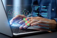 Business professional analyzing data visualization with holographic charts and graphs on laptop for digital analytics and reporting solutions.