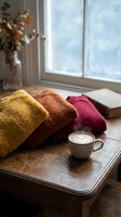 Cozy autumn scene with folded knit sweaters in warm tones, steaming coffee cup with latte art, dried flowers in vase, open book, and bright window view. Perfect for lifestyle, home decor, and seasonal content.