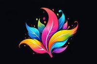 Vibrant multicolored feather-like leaves with gradient colors from pink to blue and yellow, decorated with small dots on black background, suitable for logo design.