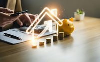 Real estate investment growth concept with glowing house icon, stacked coins, piggy bank and hands using calculator for mortgage planning and property finance calculations.