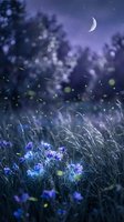 Enchanting night meadow with purple wildflowers, glowing fireflies and crescent moon creating magical twilight atmosphere for fantasy and nature designs.