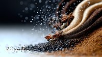 Aromatic star anise and ground spices create textured waves with sparkling sugar crystals against dark background, macro food photography for culinary design.