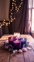 Purple candles burning with healing crystals and gemstones on wooden table creating cozy spiritual atmosphere with warm bokeh lights background.