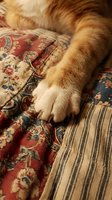 Golden retriever paw resting on vintage floral and striped upholstered furniture, showcasing pet comfort and cozy home interior design for lifestyle and animal-related projects.
