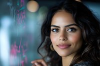 Young woman with natural makeup and wavy dark hair smiling confidently against blurred background with bokeh lights and pink accents. Soft portrait lighting highlights features.