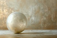 Translucent spherical stone or crystal ball resting on wooden surface against textured beige and gold wall background, suitable for wellness, meditation, and spiritual design projects.