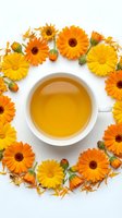 Herbal tea in white cup surrounded by fresh yellow and orange gerbera daisies and buds on white background, flat lay for wellness and natural beverage design.