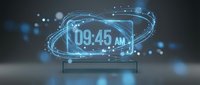 Futuristic glowing digital clock displaying 09:45 AM, surrounded by blue light trails and particles on a dark background.