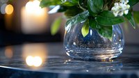 Delicate white flowers and green leaves in round glass vase with water droplets, soft bokeh lights in background creating romantic atmosphere for spa and wellness.