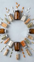 Various vitamin and supplement pills arranged in glass bottles forming circular pattern on white background for healthcare and wellness concepts.