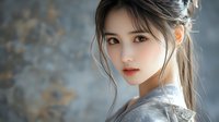 Young Asian woman with delicate features and soft natural makeup wearing traditional style gray dress against blurred background, hair styled with loose strands framing face.
