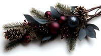 Elegant holiday arrangement with burgundy and navy ornaments, pine cones, evergreen branches and dark leaves creating sophisticated Christmas decor on white background.