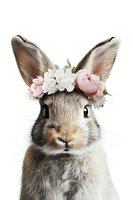 Adorable brown bunny wearing delicate flower crown with pink peonies and white roses against white background, isolated portrait for spring and Easter designs.