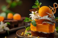 Orange mousse dessert with chocolate base layered with jelly, decorated with white flowers, chocolate curls and mint leaves on dark plate, elegant pastry.