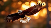 Majestic bald eagle soaring with outstretched wings against warm golden bokeh background. Powerful bird of prey in flight showcasing freedom and strength.