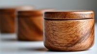 Handcrafted wooden bowl with lid showing natural wood grain texture and smooth finish, photographed with shallow depth of field against blurred background.