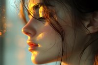 Young woman profile with flowing hair illuminated by warm golden light creating dramatic shadows and highlights for beauty and lifestyle concepts.