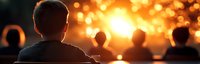 Silhouettes of people watching dramatic sunset with golden bokeh lights creating magical atmosphere. Panoramic view of crowd at outdoor event.
