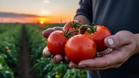 Fresh ripe tomatoes in farmer hands at sunset in agricultural field. Organic vegetable harvest concept for healthy eating and sustainable farming practices.