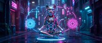Futuristic cyborg woman meditating with glowing energy orbs in neon-lit cyberpunk alley. Digital art for sci-fi gaming, technology concepts, meditation apps.