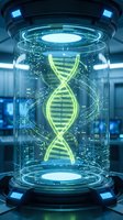 Futuristic holographic DNA double helix projection in cylindrical chamber with glowing particles and digital interface elements for biotechnology research.