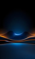 Abstract glowing orange and blue wave lines on dark background creating dynamic flowing pattern with light effects and reflections. Futuristic design element.