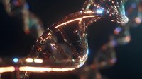 Futuristic glowing DNA double helix structure with golden light trails and sparks against dark background for science and biotechnology concepts.