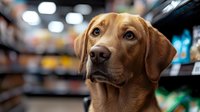 Close-up portrait of attentive fox red Labrador Retriever dog with soulful eyes in pet store setting, looking up with hopeful expression against blurred background.