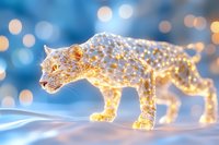 Glowing leopard figure illuminated with warm fairy lights against blue bokeh background creates magical winter holiday atmosphere. Decorative seasonal display.