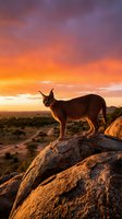 Majestic caracal wildcat standing on rocky outcrop during golden hour sunset with dramatic orange and purple sky over African savanna landscape.