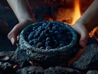 Fresh blueberries in rustic stone bowl held by hands against dark background with dramatic lighting and warm glowing elements creating moody food atmosphere.