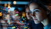 Young female programmer analyzing digital code projection with glowing data visualization elements against dark background with bokeh lights.
