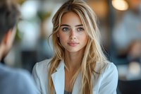 Young blonde businesswoman with blue eyes and natural makeup wearing white blazer during professional meeting in modern office environment with blurred background.