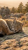 Wild lynx resting on rocky outcrop during golden hour sunset in natural mountain habitat with warm lighting and peaceful expression.