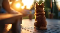 Dog sitting alone on wooden deck during golden sunset hour, backlit silhouette creating warm atmospheric mood, rear view of furry pet watching evening light.