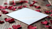 Blank white paper card surrounded by scattered red heart shaped petals on rustic wooden table background, romantic Valentine's day or wedding concept layout.