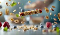 Granola bar with berries and nuts floating in air, dynamic food levitation photography with scattered ingredients against blurred turquoise background.