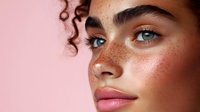 Close up portrait of young woman with natural freckles, curly hair, and bright blue eyes against pink background. Fresh glowing skin and natural makeup look.